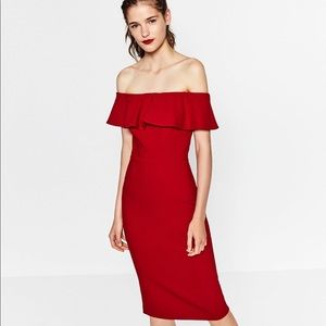 Zara - Off the Shoulder Dress - Midi - Red -Size S